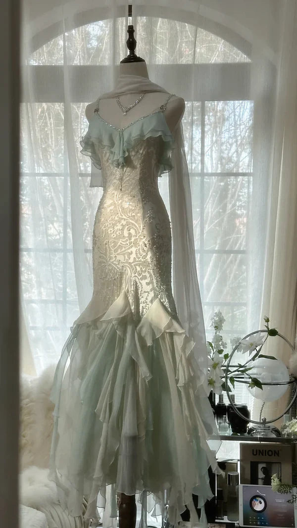 Green white gorgeous beautiful charming spaghetti straps beaded ruffles mermaid long slim lace tulle ball gown fashion evening dress party dress prom dress gh3617a