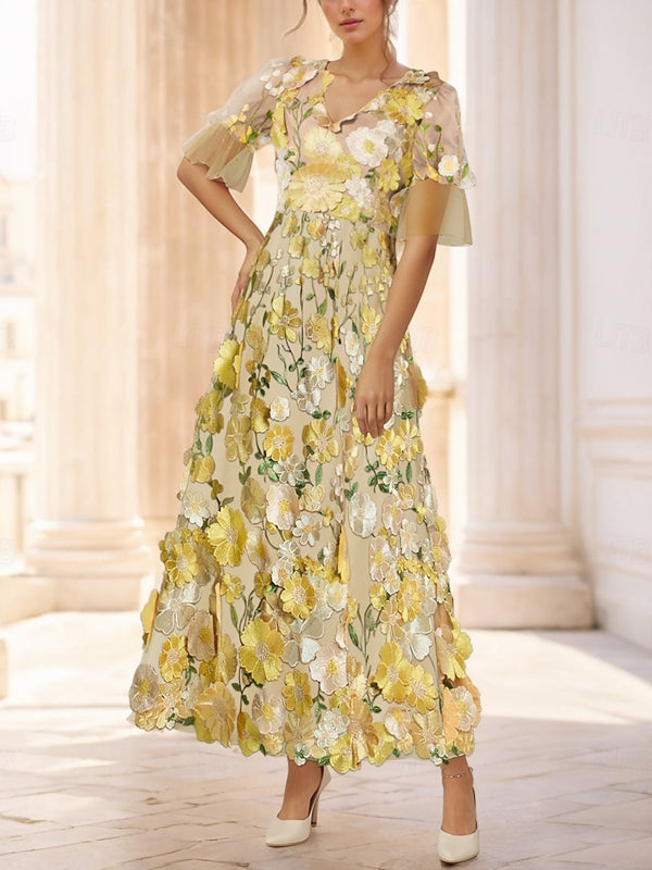 Floral Short Sleeve Tulle Embroidery Dress