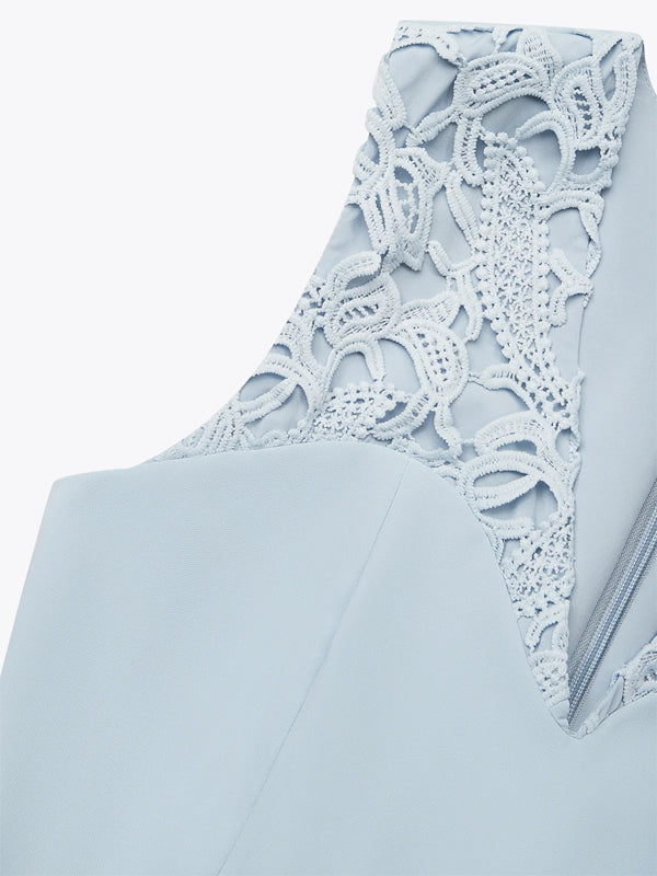 V-neck Sleeveless Lace Solid Color Midi Dress