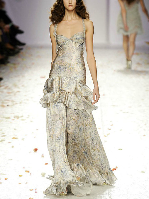 Sleeveless Printed Suspenders Maxi Dress