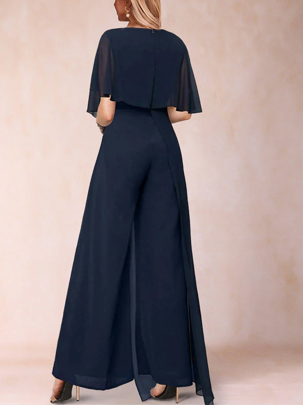 Round Neck Solid Chiffon Jumpsuit