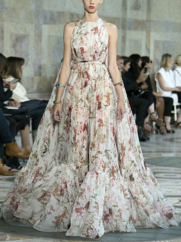 White Round Neck Sleeveless Print Maxi Dress