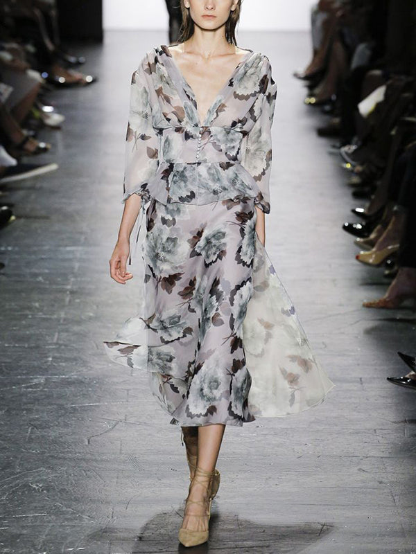 Grey V-neck Print Midi Dress