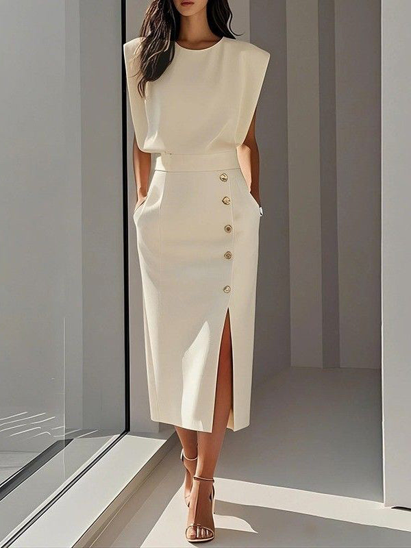 White Crew Neck Midi Dress