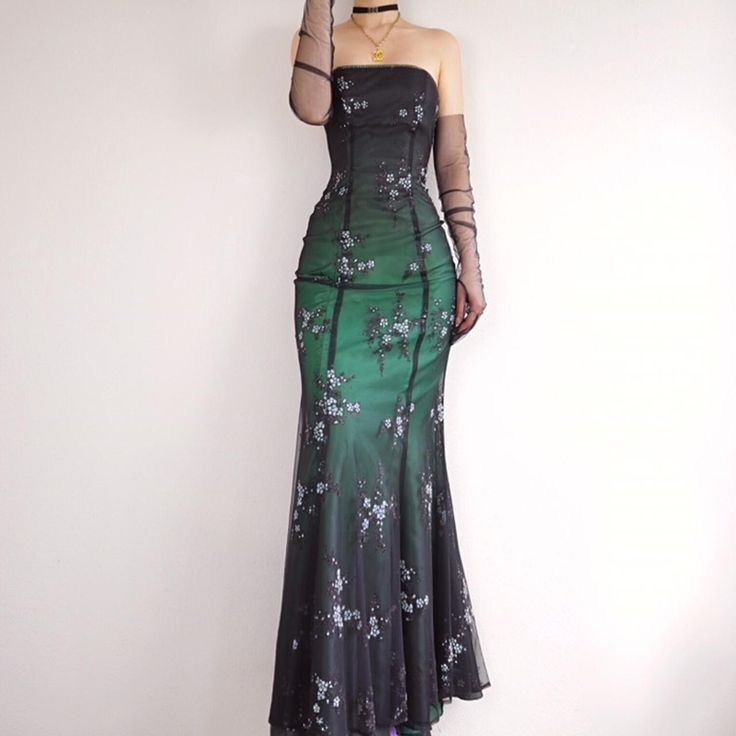 Black White/Green Retro Fashion Gradient Exquisite Floral Long Tulle Prom Dress Evening Dress Party Dress gh3607