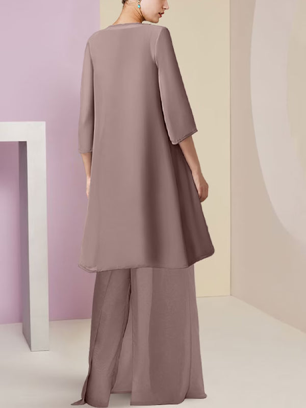 Round Neck Chiffon Lace Sleeveless Vest Solid Color Top Trousers Three-Piece Suit