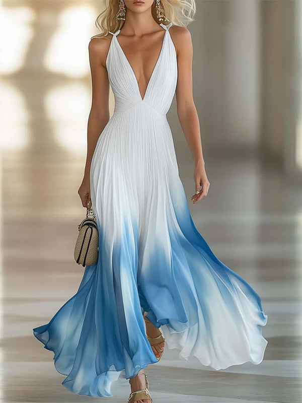 Blue And White Gradient V-neck Pleated Chiffon Maxi Dress