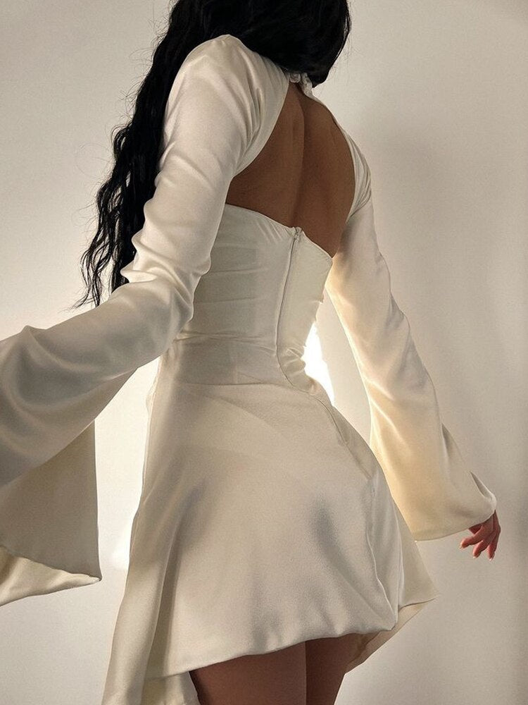 loveedsTM-Long Sleeve Satin Dress White Sexy Evening Wedding Guest Night Dress Party Dress Draped Mini Birthday Dress For Women lined