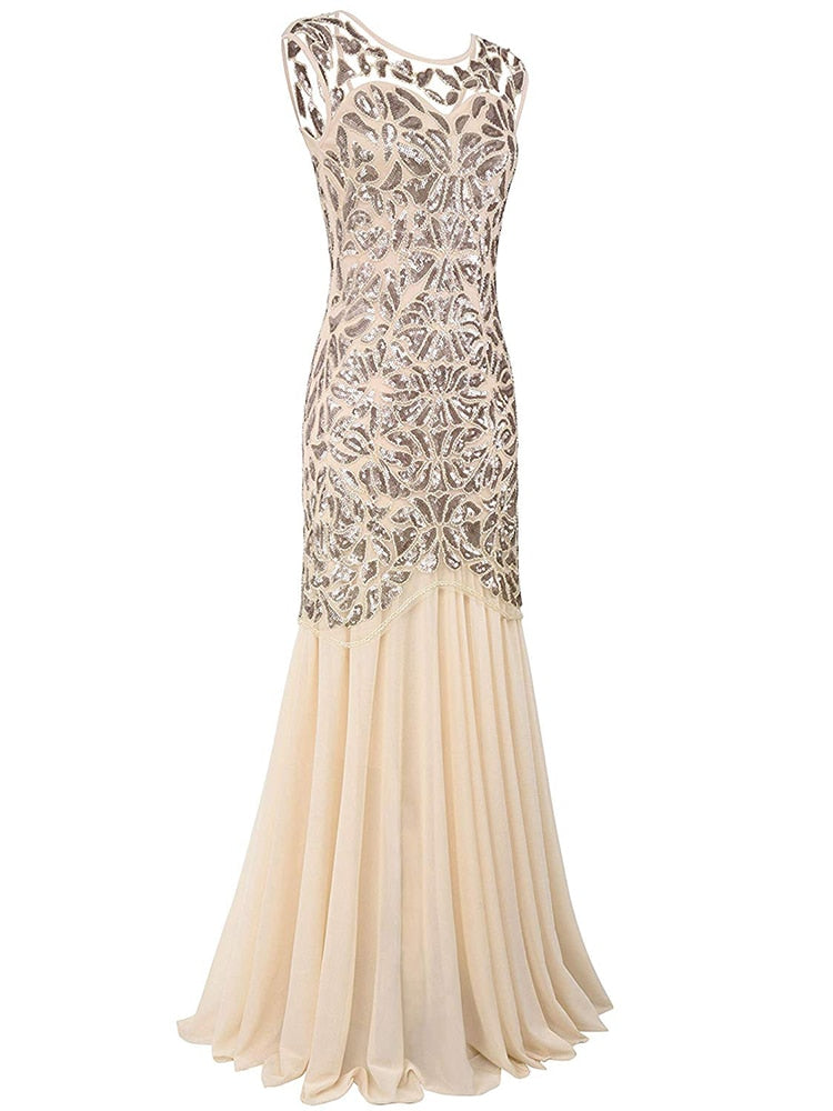 loveedsTM-Vestidos Vintage Mujer Sequins Beading Long Evening Dresses Formal Round Neck Lace Long Sexy Women Party Special Occasion