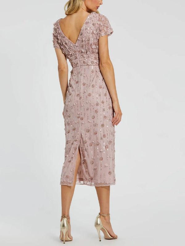 Round Neck Sequined Solid Color Midi Dress