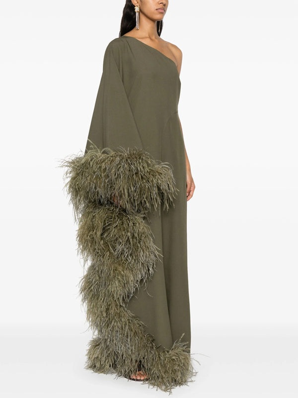 One-shoulder Solid Color Feather Jumpsuit