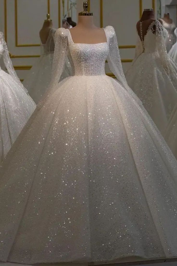 Unique Bridal Dress Ball Gown Square Neck White Sequin Long Sleeves Wedding Dresses Pretty Bridal Gowns DH1231