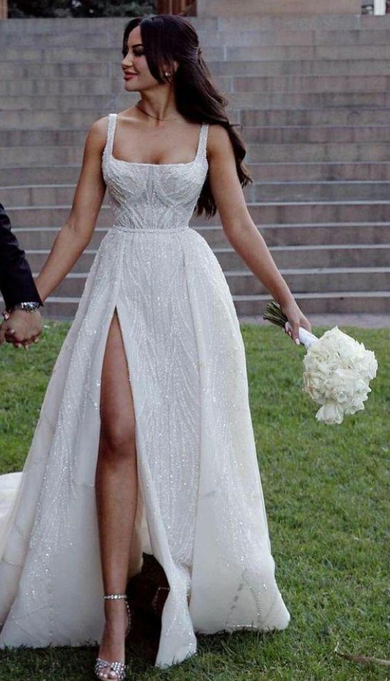 Classic Wedding Dress A Line Square Neck White Sequin Long Wedding Dresses Dreamy Bridal Gowns DH1240