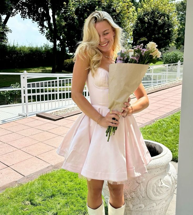 Unique Ball Gown Straps Pink Satin Short Mini Formal 7th Grade Homecoming Dresses Middle School Short Prom Dress Hoco Outfits DH1411