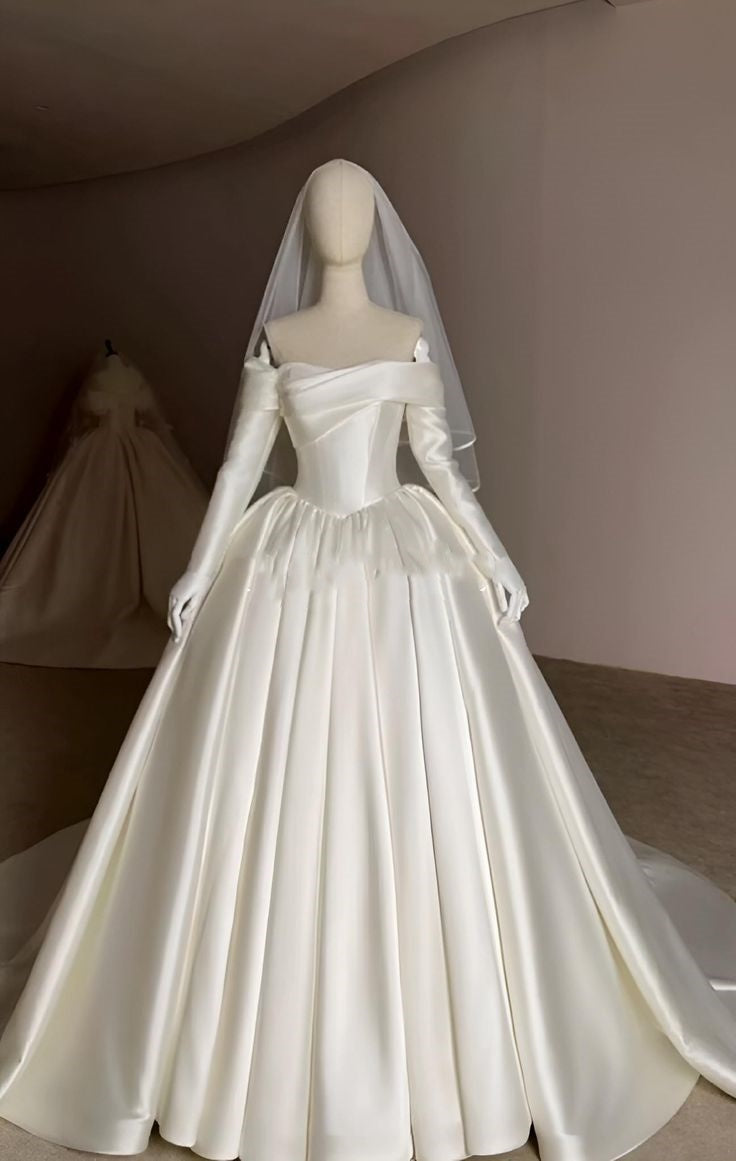Princess Bridal Dress Ball Gown Off The Shoulder Satin Wedding Dress With Long Sleeves Wedding Dresses Modest Wedding Gowns DH1498