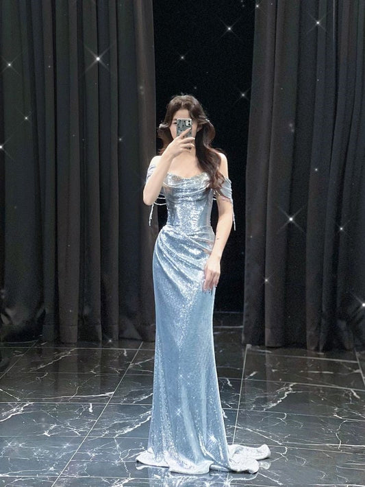 Elegant Mermaid Off The Shoulder Sequin Silver Prom Dresses Party Dress Summer 22th Birthday Outfits 18th Birthday Dresses DH1580