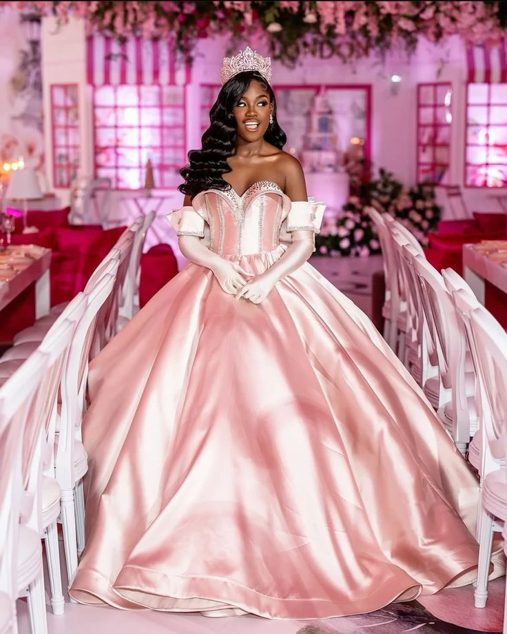 Pretty Ball Gown Sweetheart Pink Satin Long Quinceanera Dress Formal Gowns Vestido De 15 Anos Sweet 16 Dress DH1845