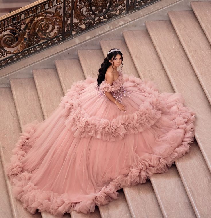 Modest Ball Gown Off The Shoulder Pink Tulle Long Quinceanera Dress Formal Gowns Vestido De 15 Anos Sweet 16 Dress DH1848