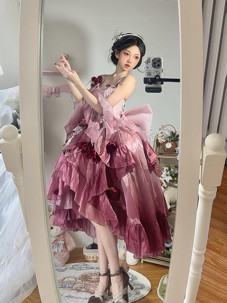 Vintage Ball Gown Spaghetti Straps Chiffon Summer 18th Birthday Dress High Low Ombre Pink Lolita Dress 18th Birthday Outfits DH2416