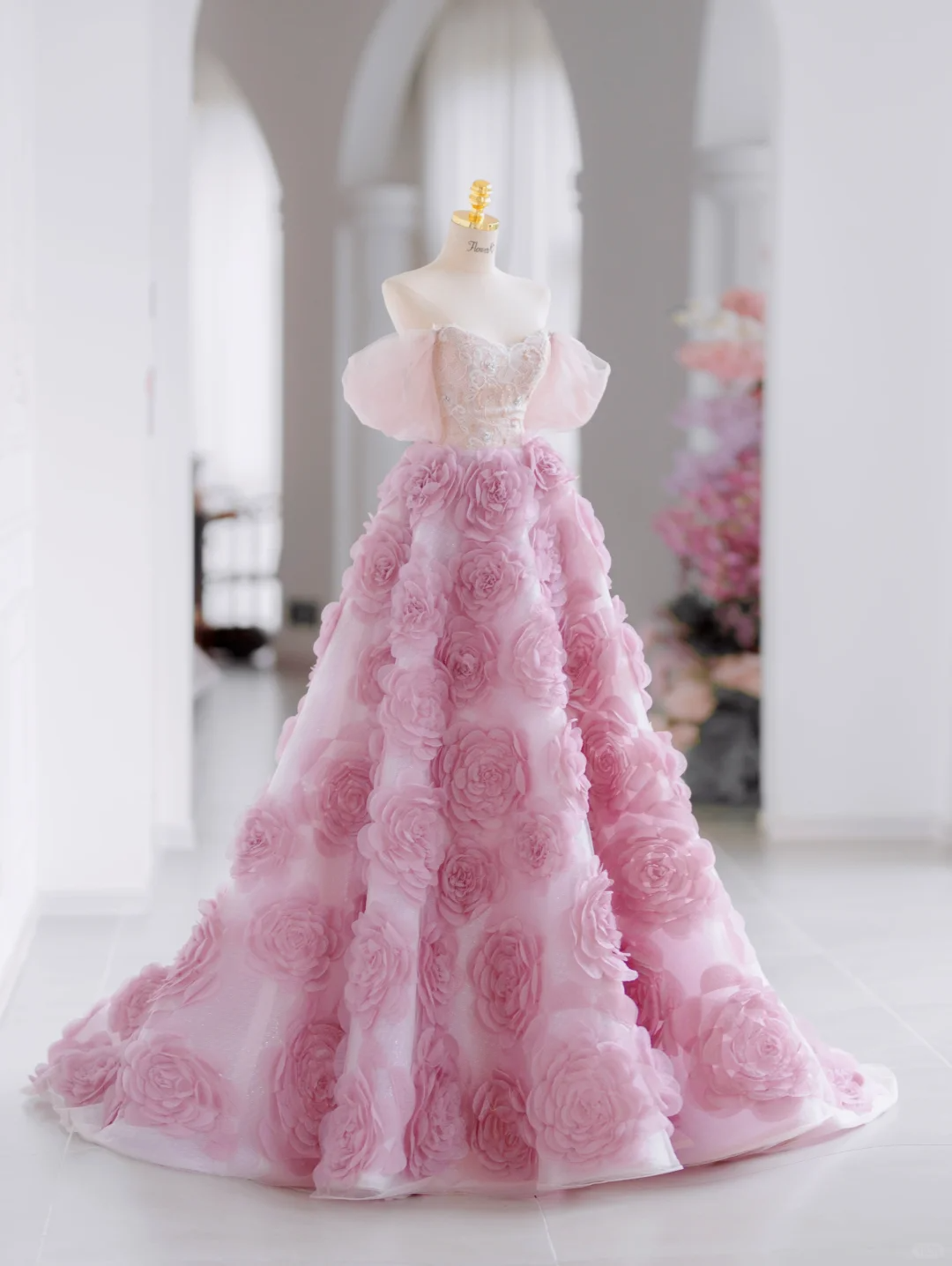 Cute Ball Gown Off The Shoulder Floral Pink Tulle Long Evening Party Gowns Evening Dress Special Formal Dresses Prom Dress H2797