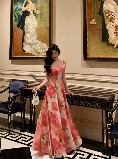 Classy A line Spaghetti Straps Pink Floral Sleeveless 18th Birthday Dress Party Gown Birthday Outfits Birthday Dress Ideas For Women DP554