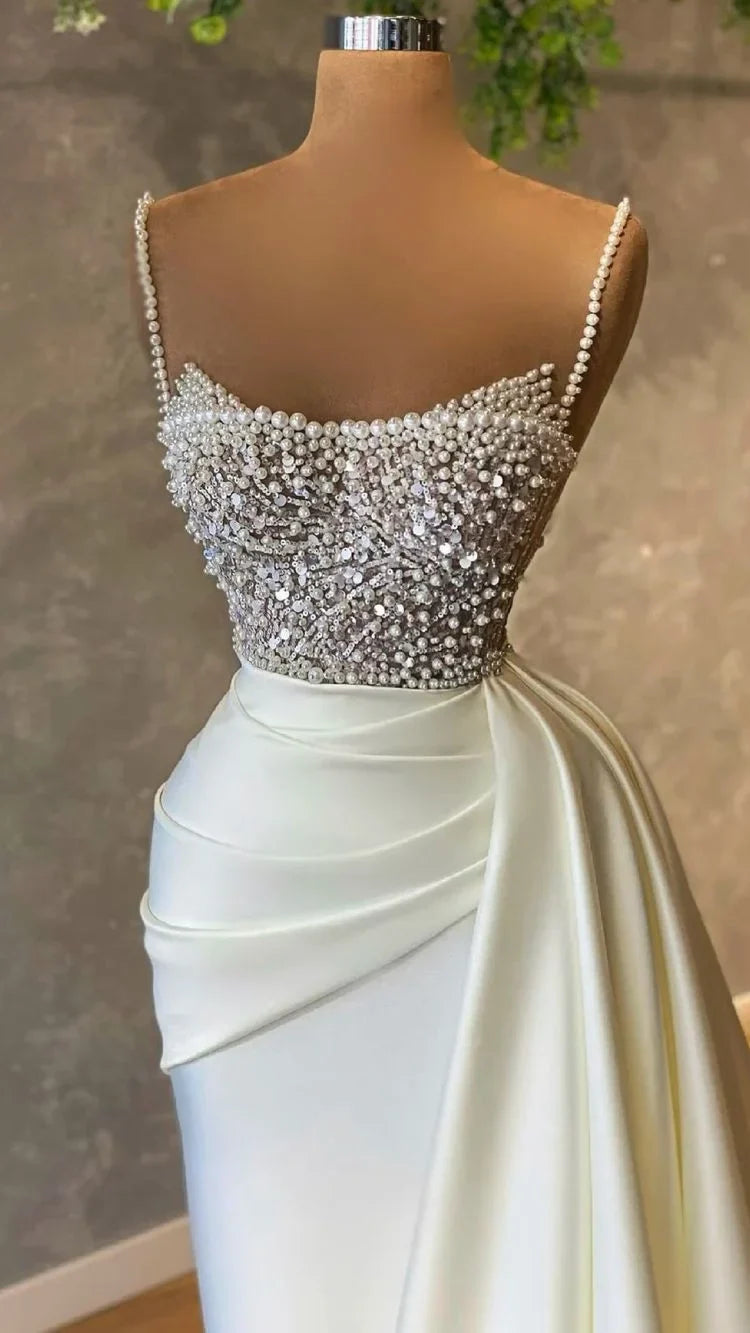 Elegant Ivory Pearls Mermaid Bridal Gown Spaghetti-Straps Beautiful Wedding Dress Brides Dress DP626