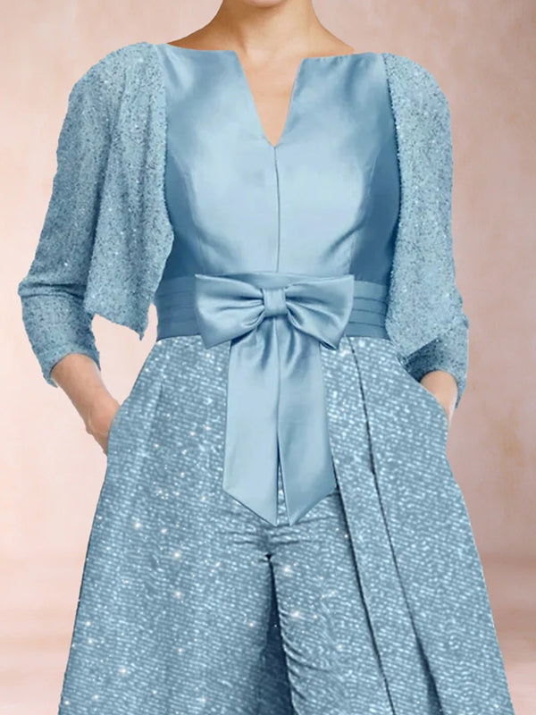 A-Line/Princess V-Neck 3/4 Sleeves 3 Pieces Pantsuits with Bow Knot