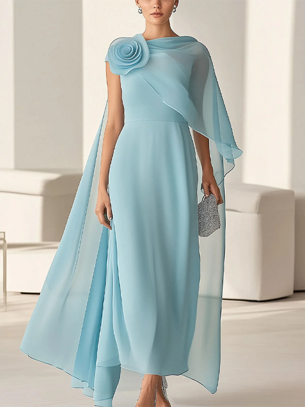Light Blue Round Neck Chiffon Midi Dress