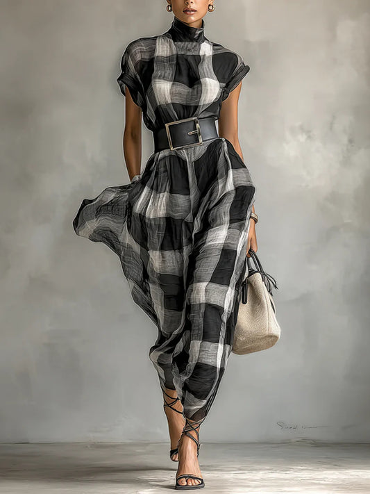 High Neck Plaid Belt Waist Women's Dress