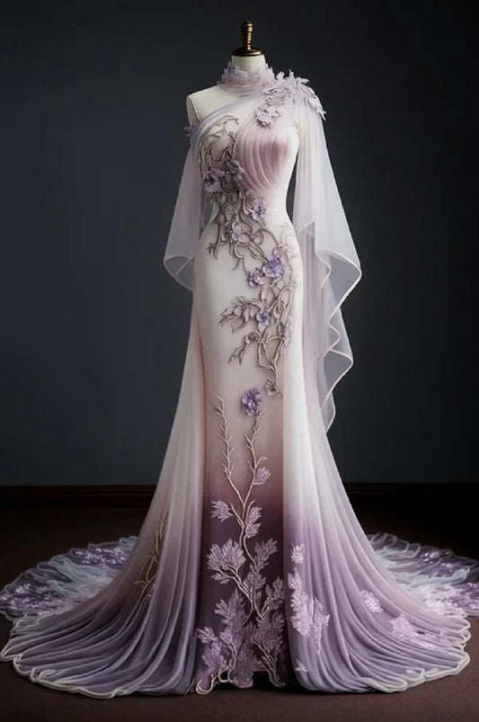 Pink purple gorgeous retro fashion one shoulder elegant floral applique slim fit long Tulle mermaid tulle floor length evening dress prom dress gh3701
