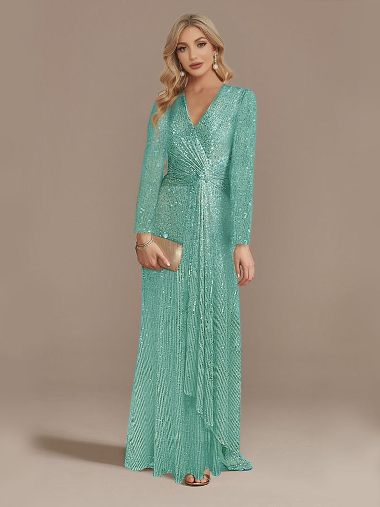 loveedsTM- Luxury Long Sleeve V-Neck Evening Dress Party Women Wedding Sequins For Female Guests Blue Prom Cocktail Dresses