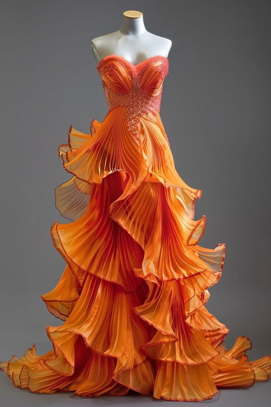 Orange A Line Sweetheart Neck Beaded Ruffle Tulle Prom Dress Graduation Prom Dress SH2519