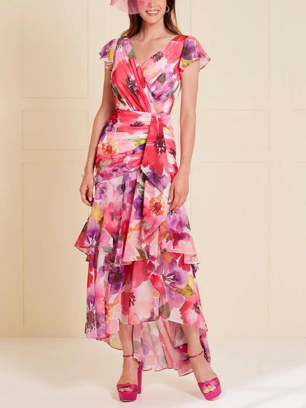 V-Neck Printed Short Sleeves Midi Dress