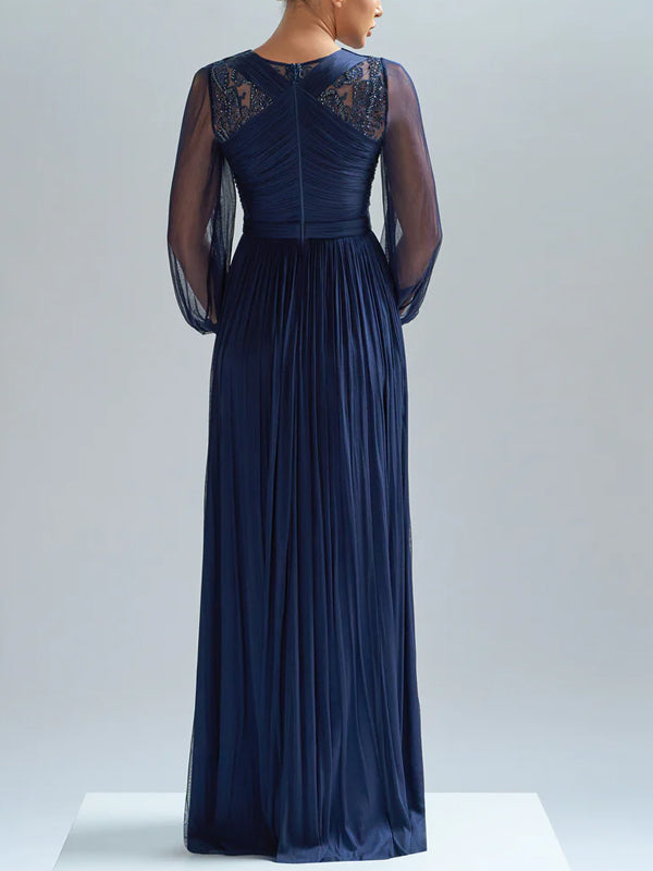 V-neck Solid Color Long Sleeves Maxi Dress