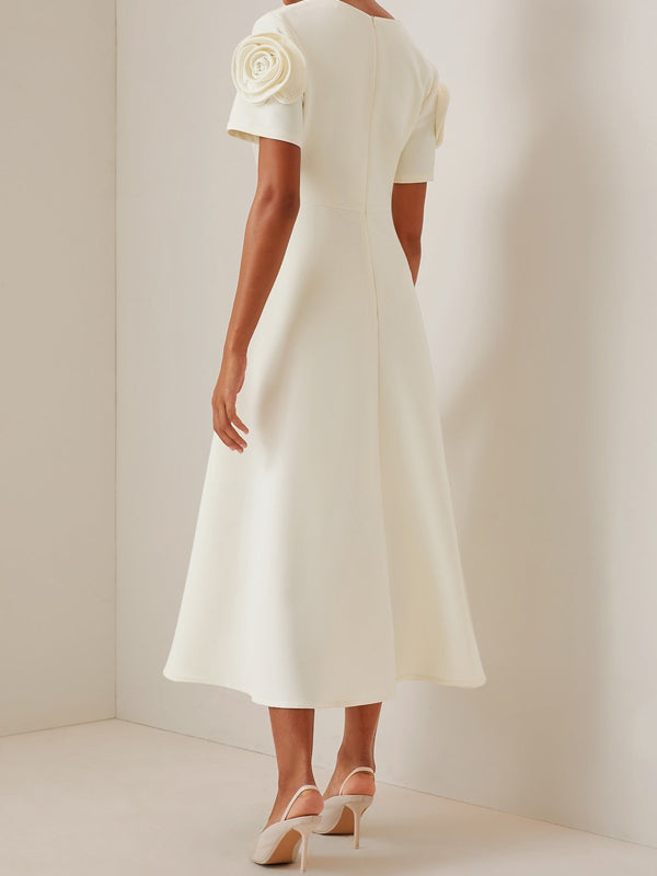 Off-White 3D Floral Short Sleeve V Neck A-Line Maxi Dress