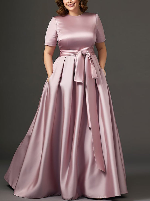 Plus Size Round Neck Short Sleeve Solid Color Maxi Dress