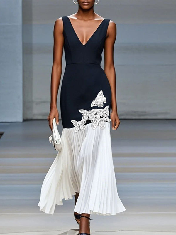 Dark Blue V-neck Sleeveless Print Maxi Dress