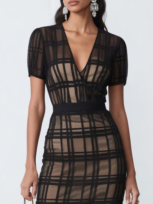 Mesh Plaid Classic V Neck Short Sleeve Sheath Midi Dress