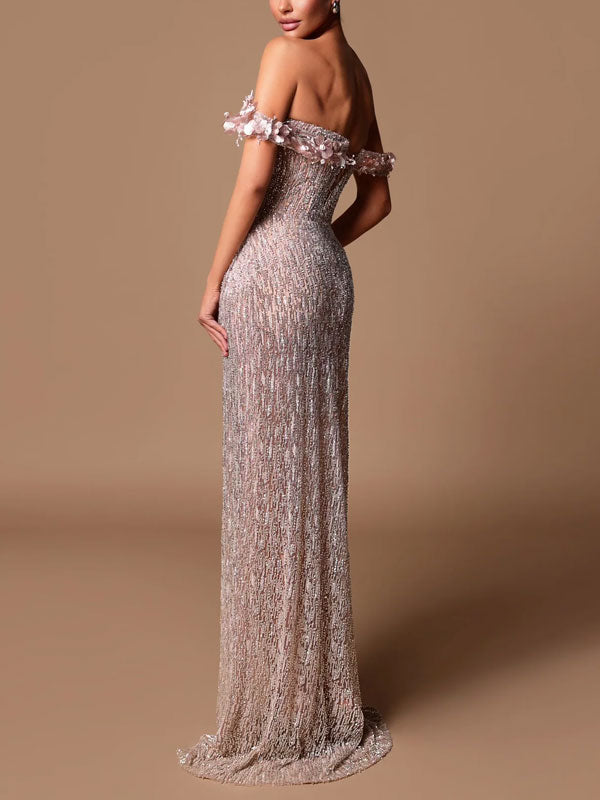 Floral Decoration High Slit Sequins Women's Dress