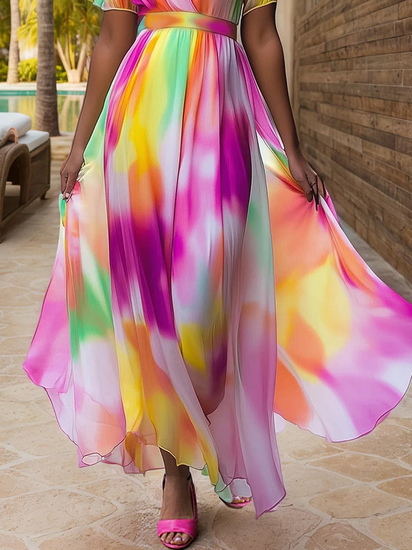 Vacation Random Print Printing V Neck Maxi Dress