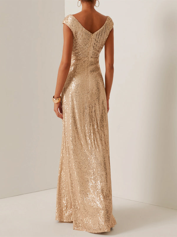 Round Neck Short Sleeves Sequins Maxi Dress
