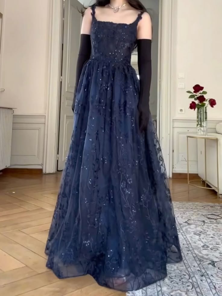 Navy Blue Vintage Fashion Elegant Strapless A-Line Delicate Lace Long Tulle Ball Gown Evening Dress gh3616