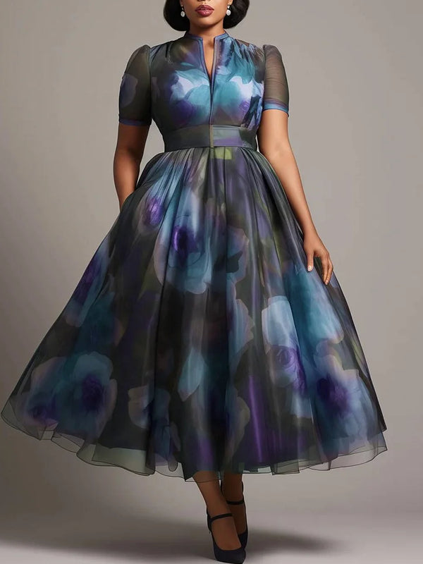 Wedding Guest Purple Floral Round Neck Short Sleeve Pocket Organza Maxi Dresses