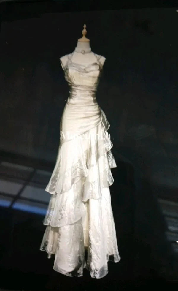 champagne Vintage Elegant Long Lace Ruffle prom dress Evening Dress gh3815