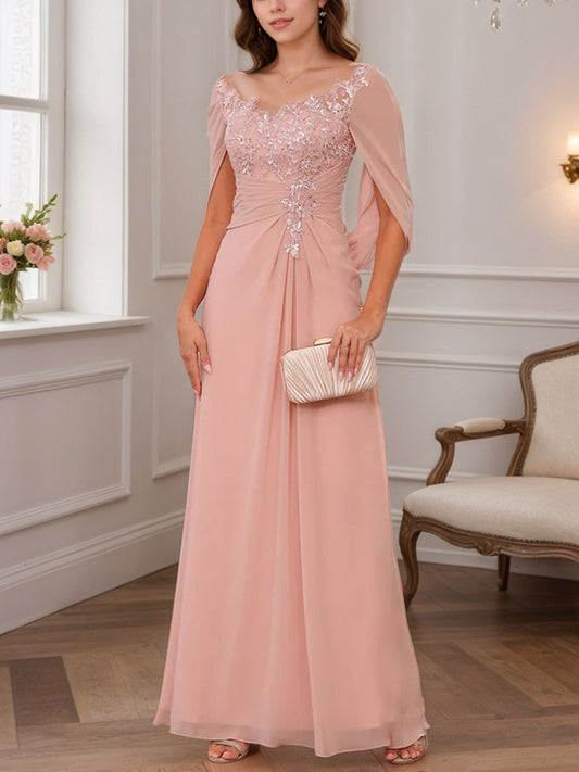 A-Line/Princess Illusion Scoop Appliques Ruched Mother of the Bride Dresses with Cape
