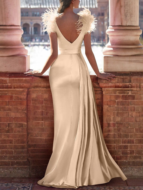 V-neck Satin with feathers Women's Gown