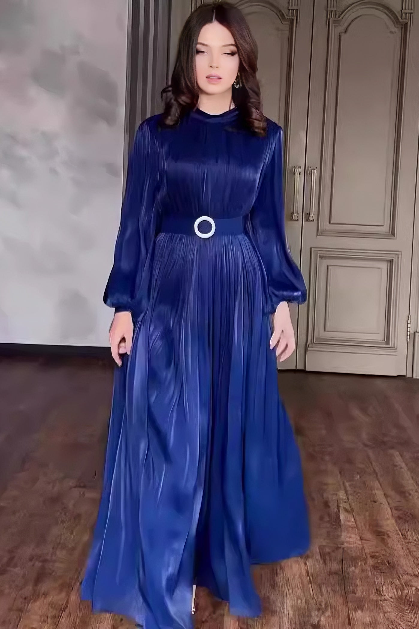 loveedsTM-Round Neck Organza Lantern Sleeve Long Sleeve Slim Belt Vintage Dress