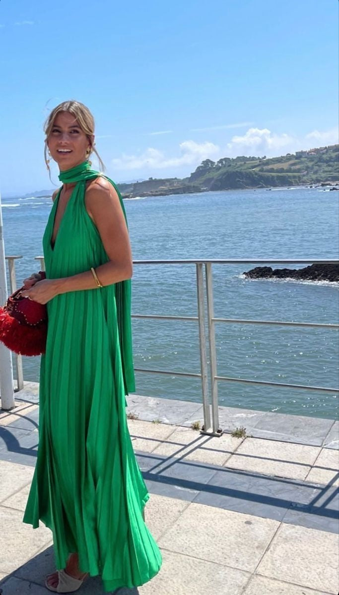 Pink/green V-neck Elegant Long Satin Evening Dress Party Dress Wedding Guest Dress gh3056