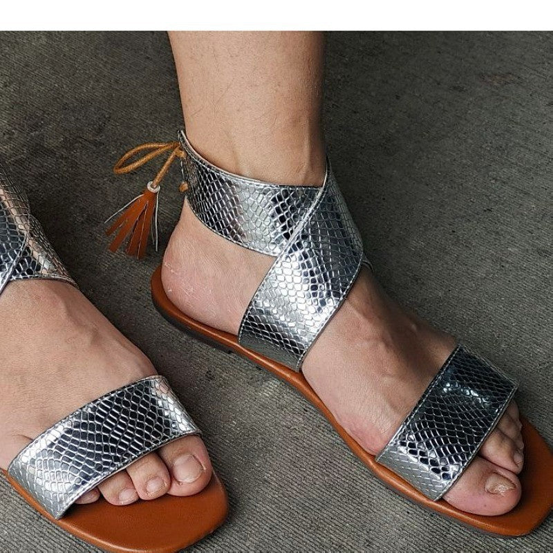 Lace Up Open Toe Fringe Roman Sandals