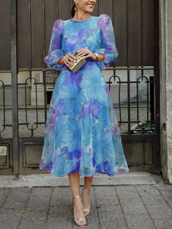 Puff Sleeve Temperament Chiffon Printed Women's Dress